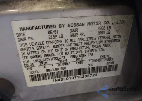 2001 Nissan Altima Gxe from USA, damaged, VIN 1N4DL01D71C235723